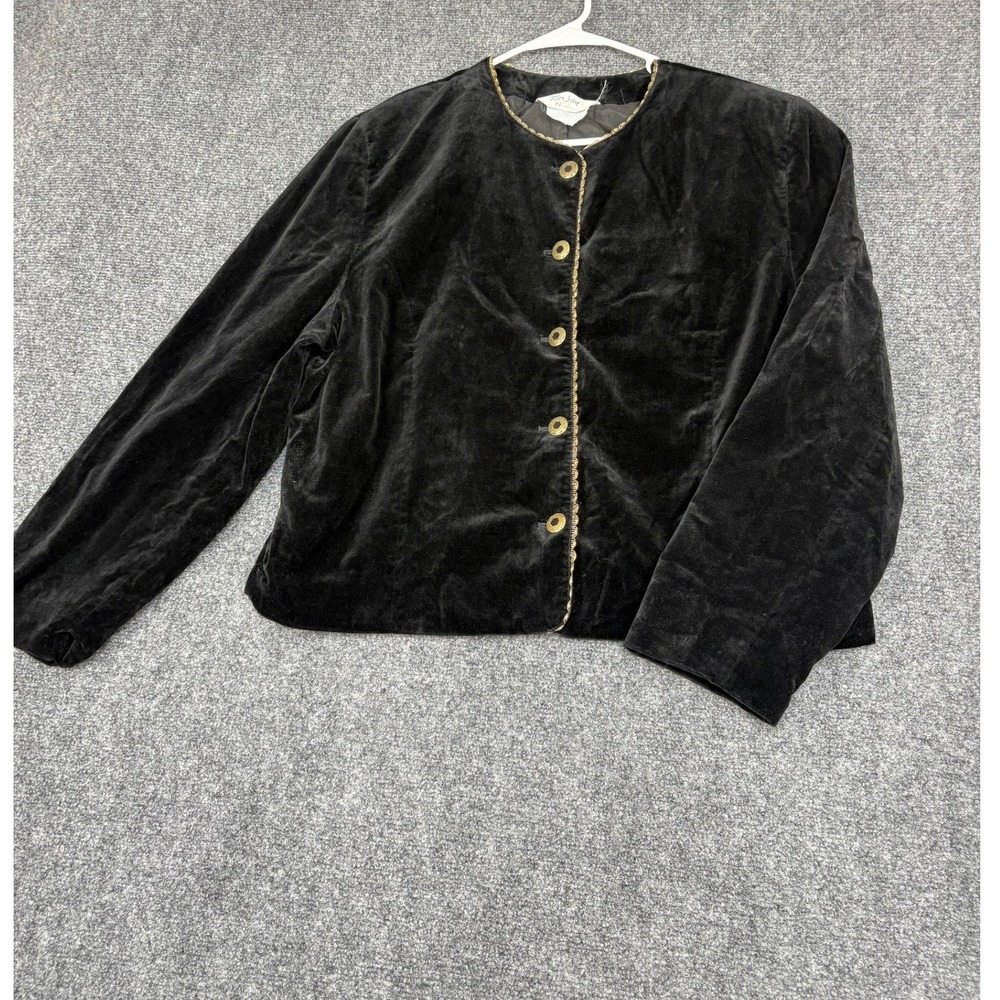 Tan Jay Velvet Jacket Womens Size 12 Black Gold Trim Metallic Button Vintage